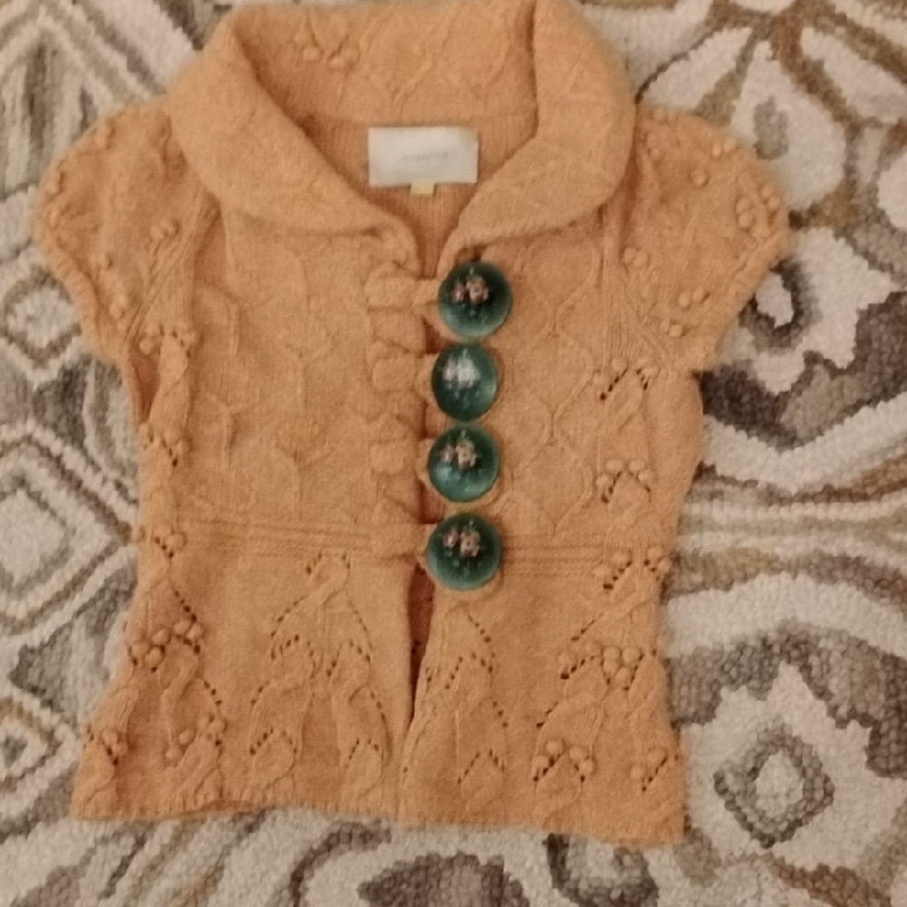 Leifsdottir Anthropologie Gold Knit Cardigan With Large Green Painted Buttons!
